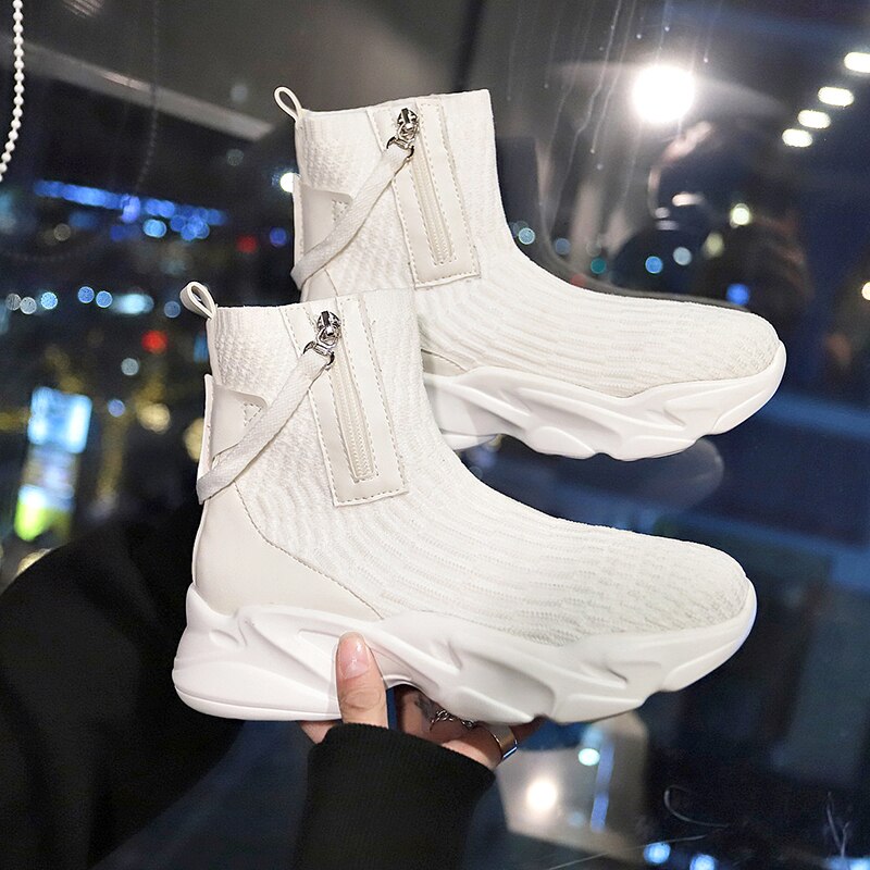 Qwedf sneakers kvinder strik overdel åndbare sneakers sokkestøvler kvinde chunky sko high top sko til kvinder tennis feminino  g4-45