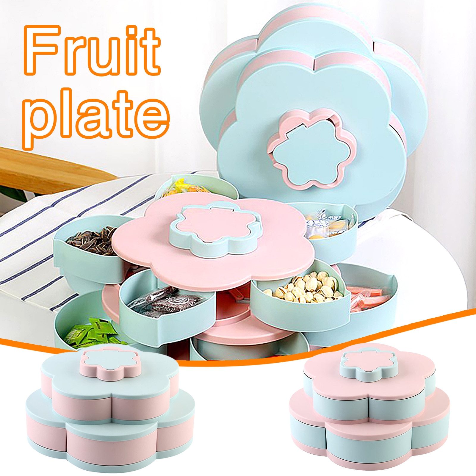 Lazy Fruit Dish Double Layers Snack Box Candy Plates Petal-shape Rotating Trays Box Dried Fruit Storage Organizer Box