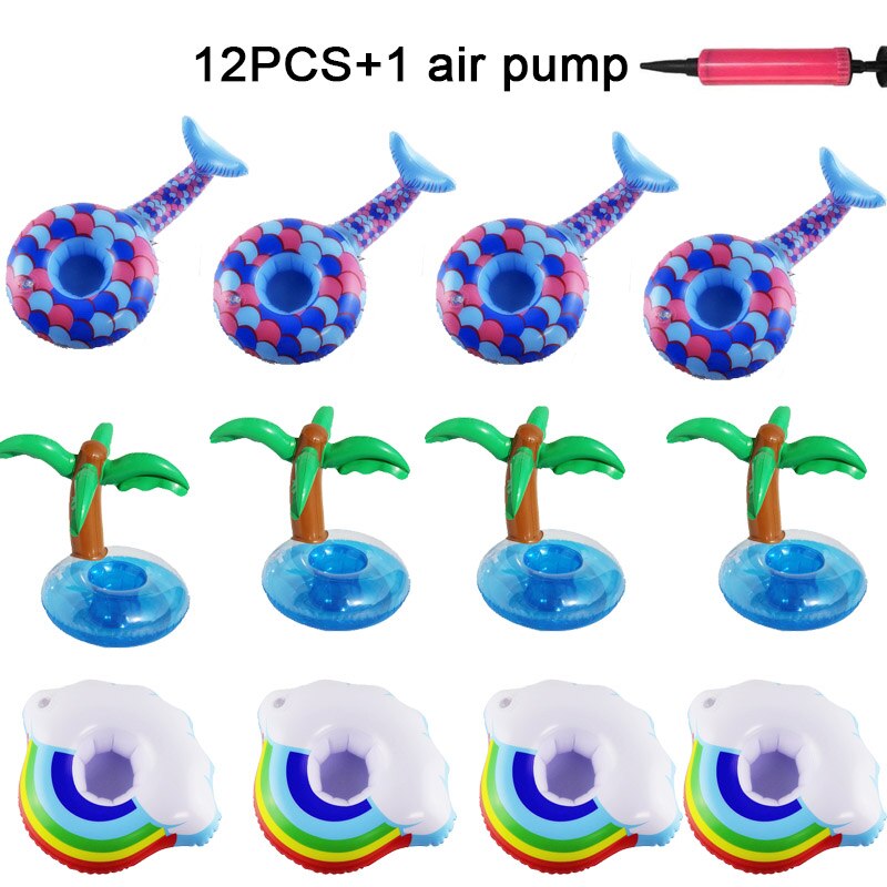 12PCS water drink floats Inflatable cup holder swimming pool toys for festival party floating Mermaid/Rainbow/Coconut Tree