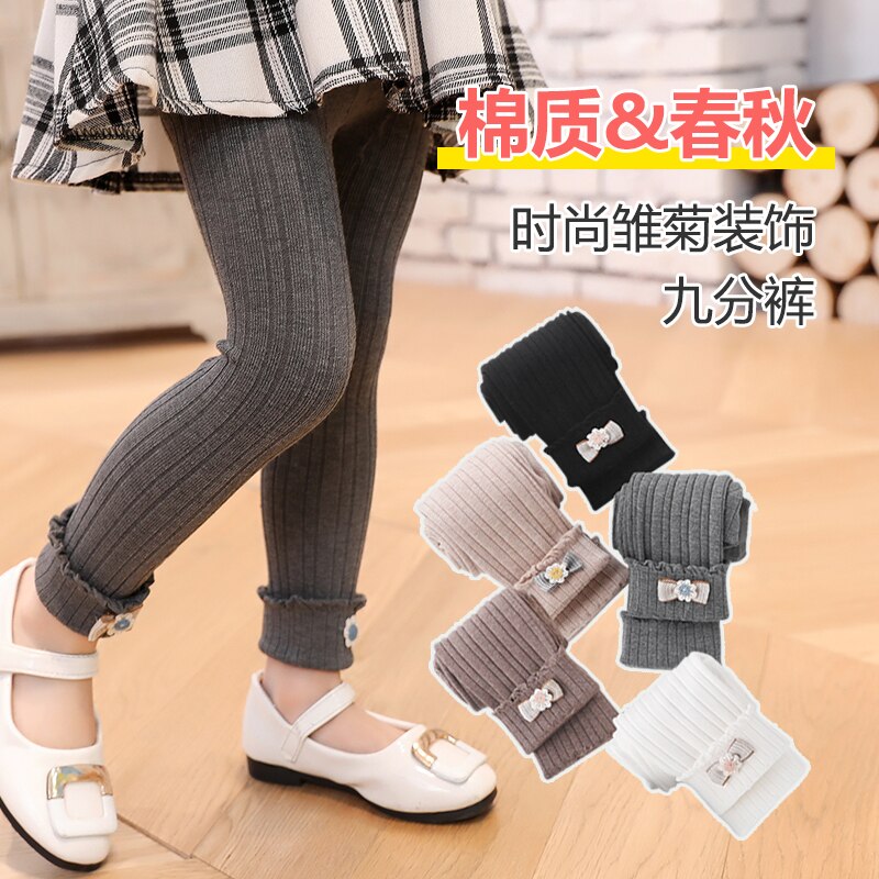 Lente En Herfst Mode Daisy Strik Bijgesneden Broek Baby Dunne Katoenen Tweeërlei Gebruik Kinderen Warm Verticale Leggings Lente stijl