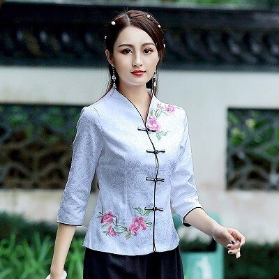 Traditionele Chinese Kleding Voor Vrouwen China Shirt Chinese Stijl Tops Jas Jacquard Katoen Afdrukken Verticale Cheongsam Tops: white / L