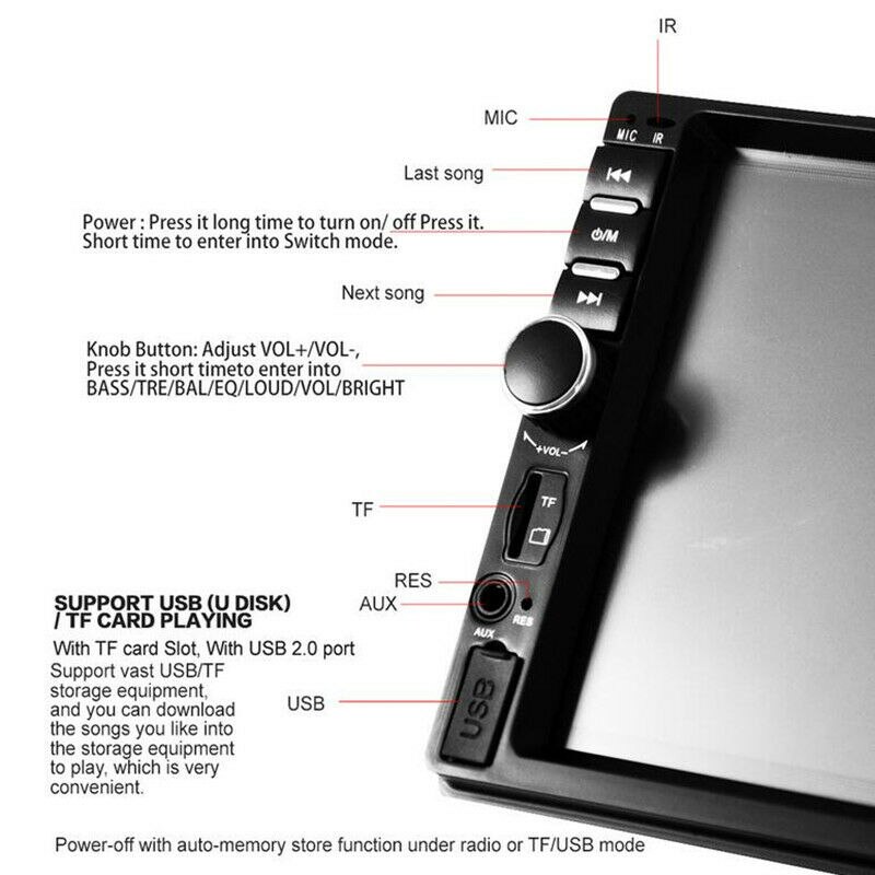 Lecteur Bluetooth 2 Din voiture | Lecteur MP5, Bluetooth 7 pouces, écran de presse LCD multimédia, Support d'autoradio, vue arrière caméra 7018B