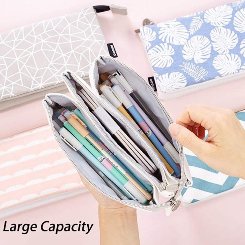 Angoo Grote Capaciteit Potlood Pen Case 3 Lagen Briefpapier Pouch Rits Cosmetische Tas Canvas Make Organizer Handtas