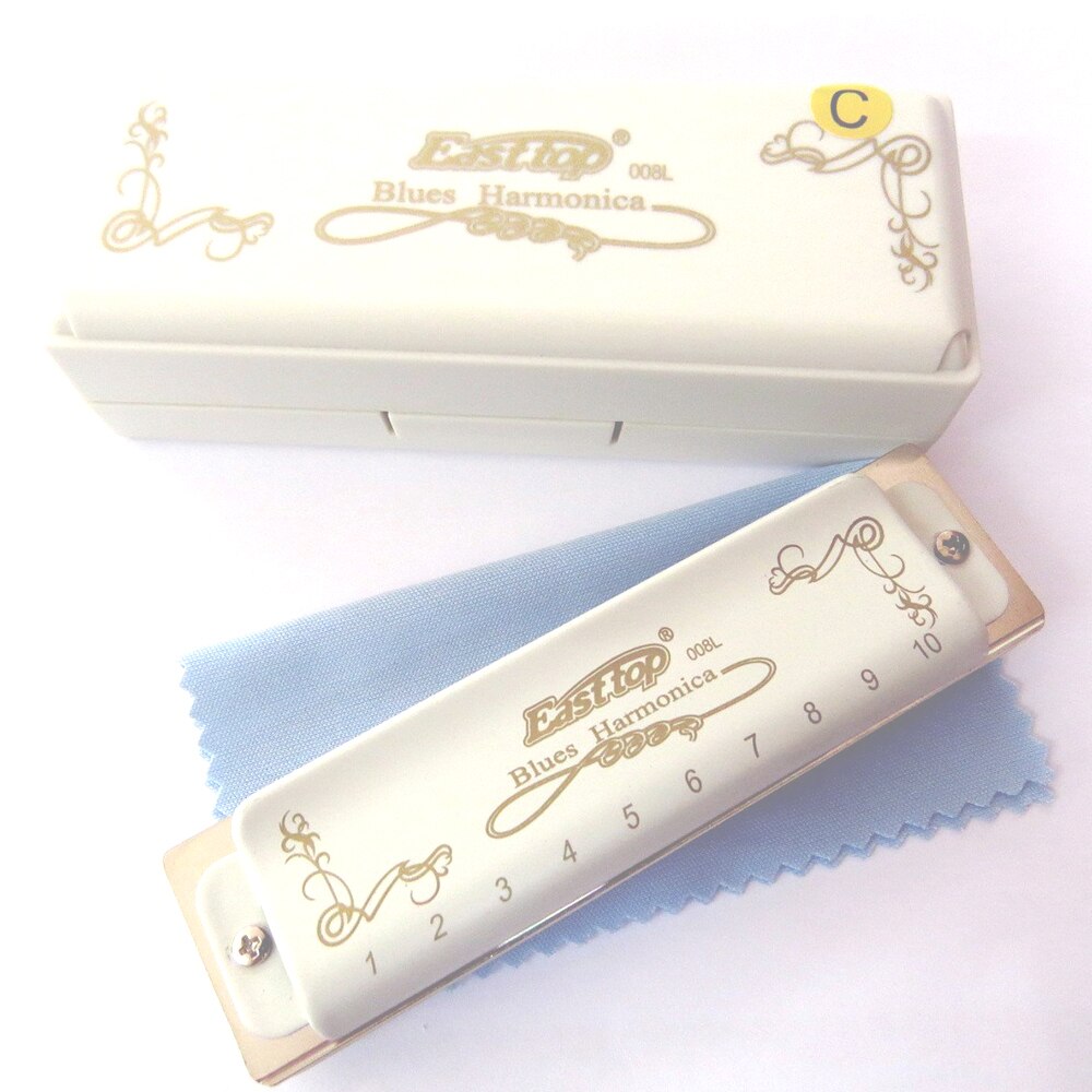 Easttop Blues Harmonica 10 Holes Diatonic White Cover Transparent Acrylic Comb Brass Reedplate T008L With Valve T008LS Harp