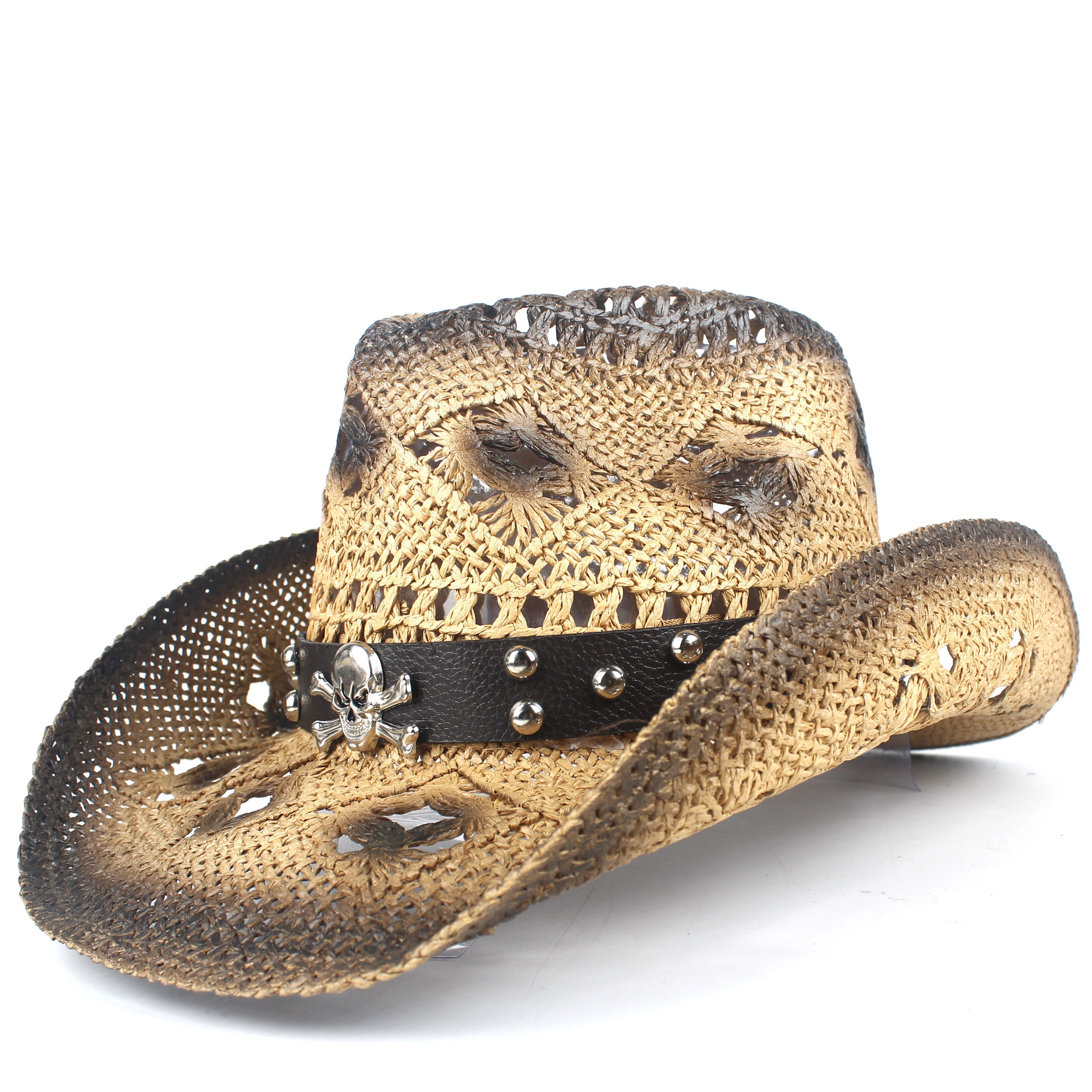 Punk Brand Straw Hollow Western Cowboy Hat Women Men Handmade Fedora Sombrero Hombre Beach Cowgirl Jazz Sun Hat Size: Coffee
