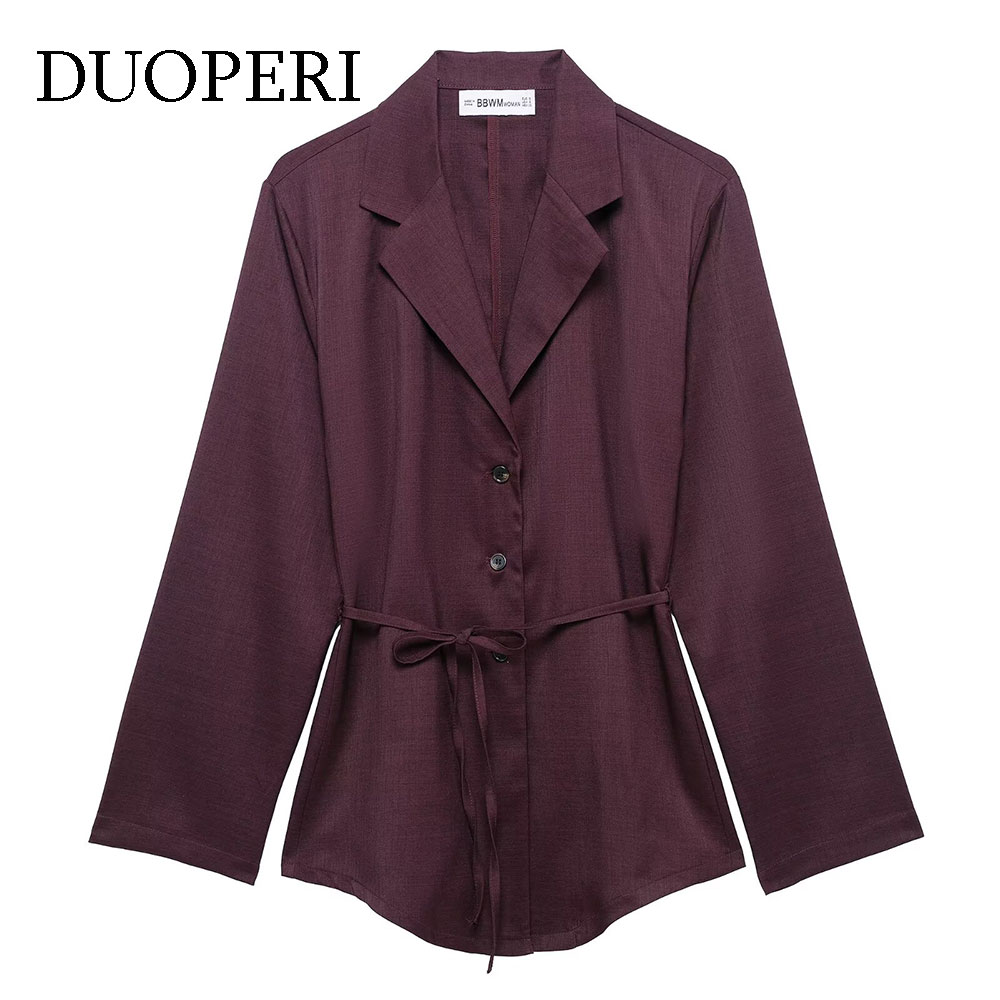 DUOPERI Damesmode met riem Effen blouse met enkele rij knopen Vintage gekerfde hals Lange mouwen Vrouwelijke chique damesoverhemden
