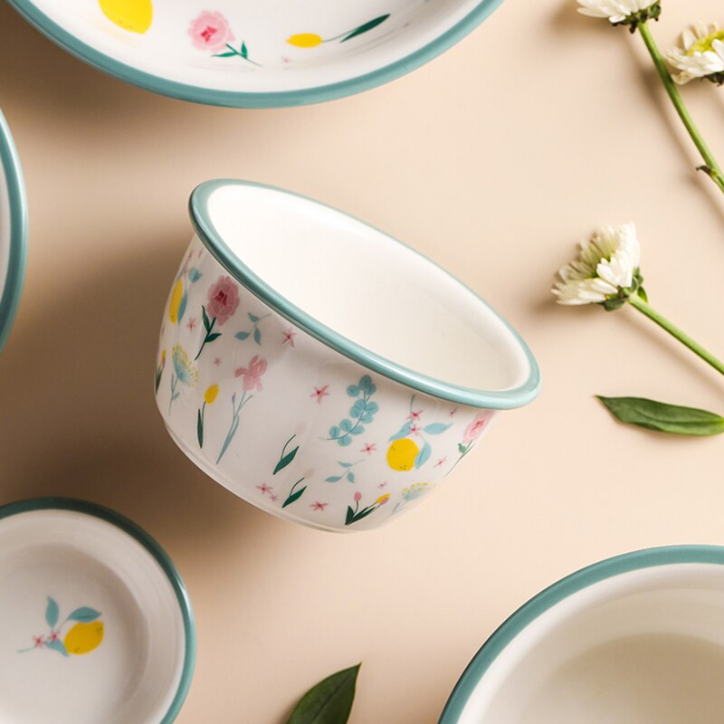 Housewares Kitchen Dishes and Plates Sets Green Side Ceramic Tableware Set European-Style Home Fruit Salad Bowl