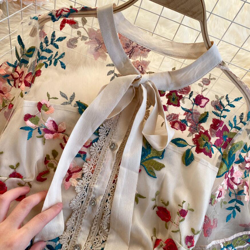 Party Lace Mesh Dress Women Flower Embroidery Dress Summer Female Bow Collar Short Sleeve Long Dress Vestidos