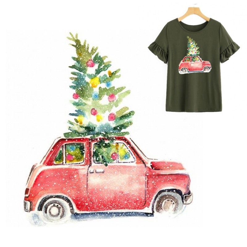 Vrolijk Kerstboom Auto Ijzer Op Patches Voor Diy Warmteoverdracht Kleren T-shirt Thermische Stickers Decoratie Afdrukken