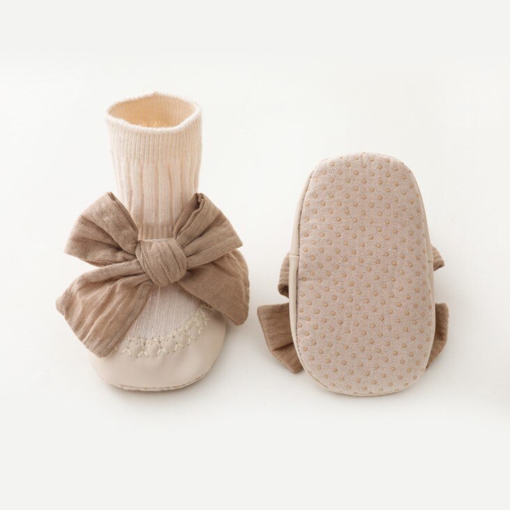 Spring Autumn Baby Girls Socks Newborn Baby Bowknot Socks Infant Baby Socks Anti Slip Soft Cotton Floor Sock Shoes: Ivory / L(1-2T)