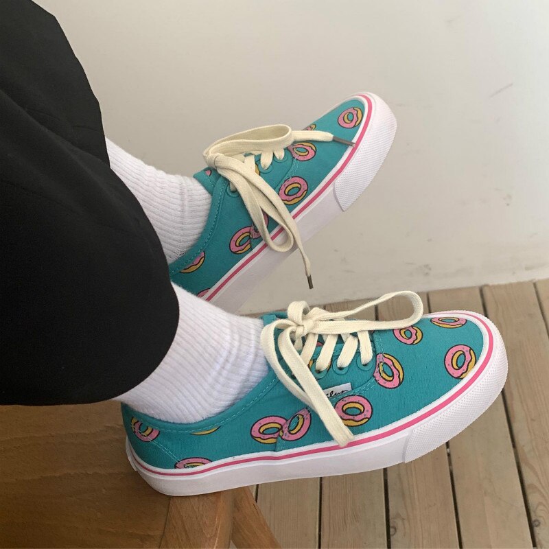 Meisje Chic Canvas Schoenen Lente Herfst Cartoon Donut Leuke Sneakers Met Donut Print Casual Schoenen Trainers 35-40 Lage lace Up