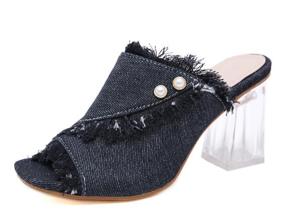 Denim Stud transparent high heels 5cm shoes women slippers peep toe jeans rivet slingback sandals slip on femmes sandalias C867: black 1 / 37