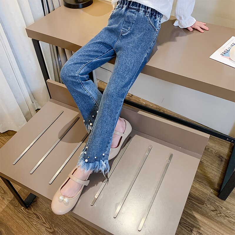 Trend Kids 3 4 6 8 10 11 12 Years Girls Jeans Pearl Beaded Tassel Denim Pants Wild Slim formal trousers Boot cut Jeans pantalone