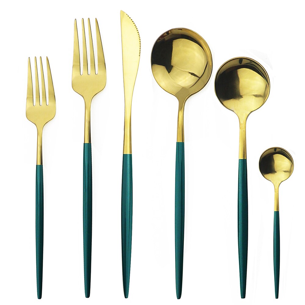 6Pcs Red Flatware Set Knife Fork Spoon Cutlery Set 304 Stainless Steel Dinnerware Set Mirror Green Gold Tableware Set Silverware: Green Gold