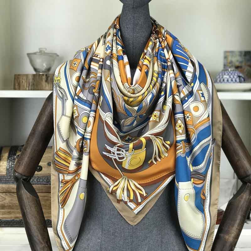 Bufanda Mujer cuadros de seda de sarga de 100% chal con estampado de Echarpe cuatro lard para Mujer Bufandas cuadradas para Mujer Pañuelos Mujer 130*130cm: 3