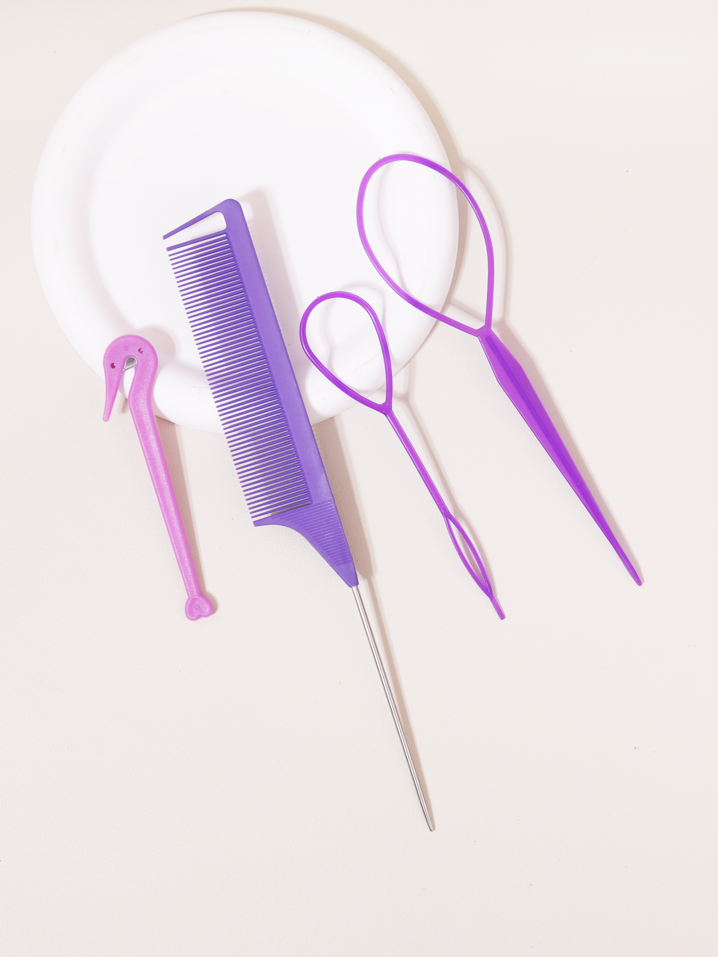 Juego de peinado de 4 piezas, cortador de banda de goma, peine de cola de ratón, herramientas de peinado, accesorios para trenzas de cabello, fabricante de cola de caballo: Morado