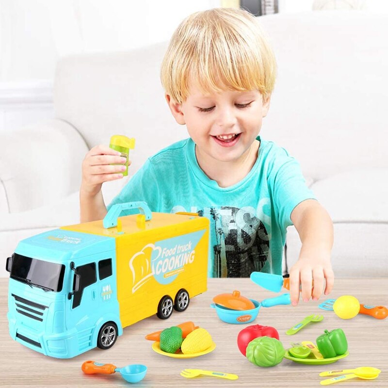 Camión de cocina para niños 2 en 1, camión de cocina para alimentos de juguete con luces de cocina y sonidos, juego de 33 Uds.
