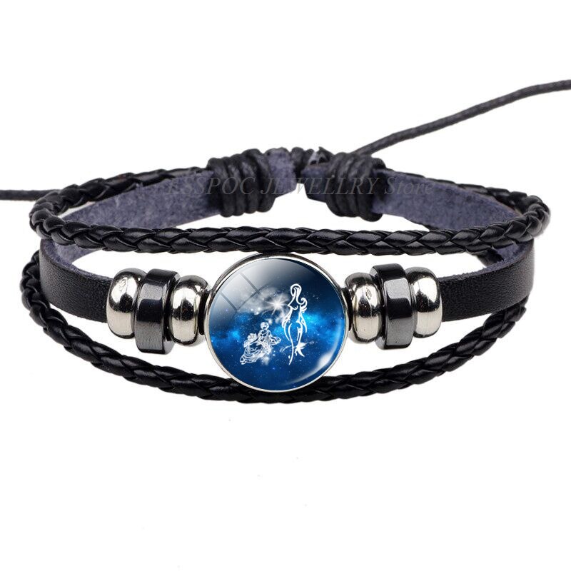 12 Constellations Black Bracelet Glass Cabochon Jewelry Leather Zodiac Sign Bracelets Men Punk Birthday: Virgo