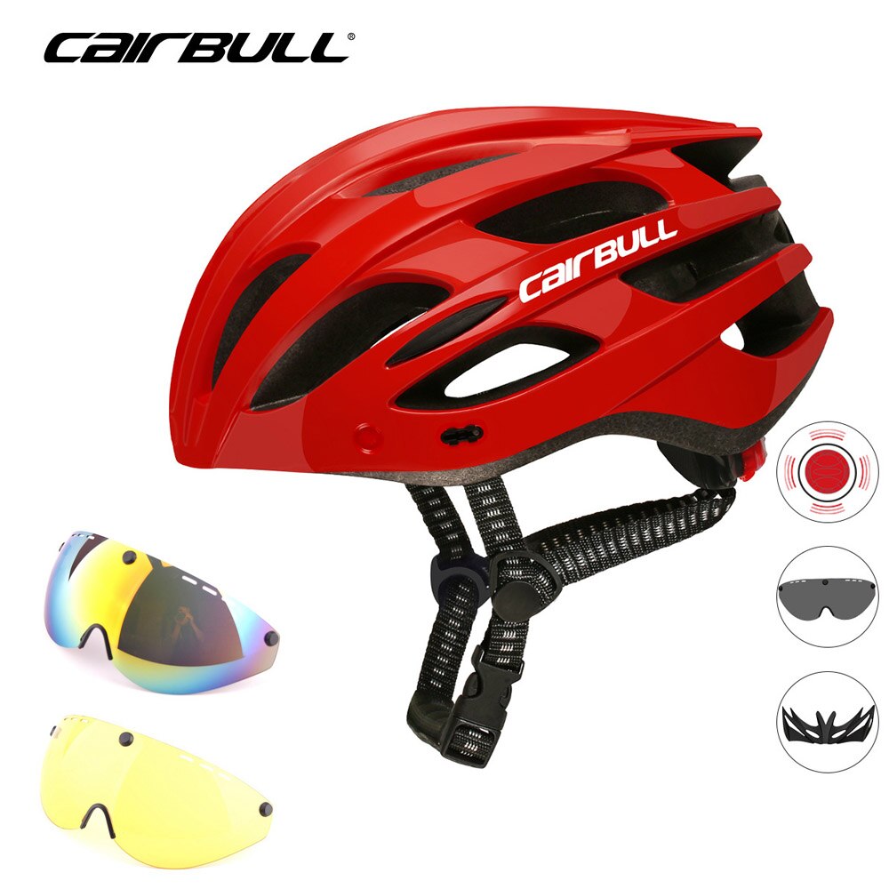 Cairbull-casco de ciclismo con 3 lentes, luz LED trasera con visera extraíble, gafas de seguridad Casco de Bicicleta de carretera, moldeados integralmente, cascos de MTB: red 3 lens