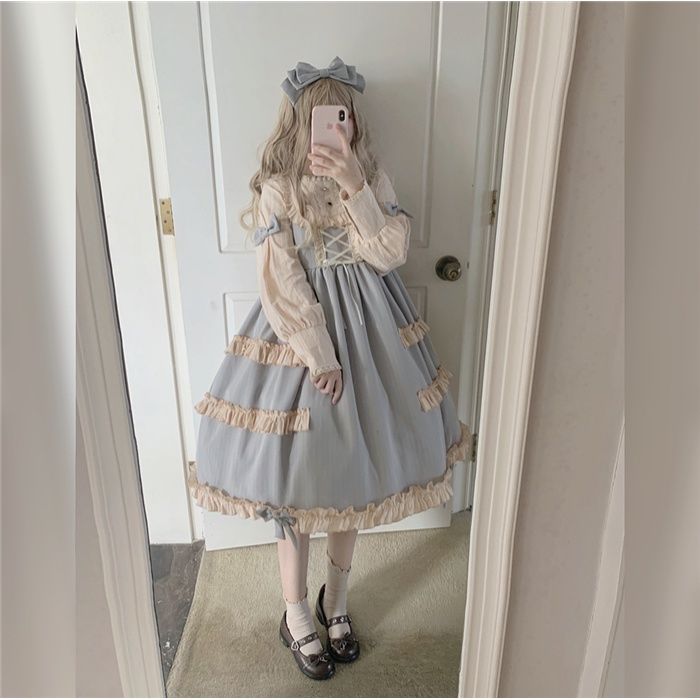 Vestido lolita para mujer, con encaje de muñeca ángel, manga larga, para uso diario, de algodón, estilo princesa, gótico, loli, disfraz de sirvienta.: Nailan