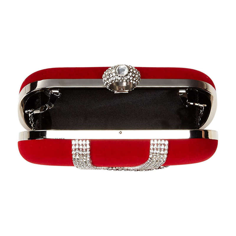 Suede Velvet Rhinestone Stud One Ring Decor Evening Cocktail Clutch Bag(Red)