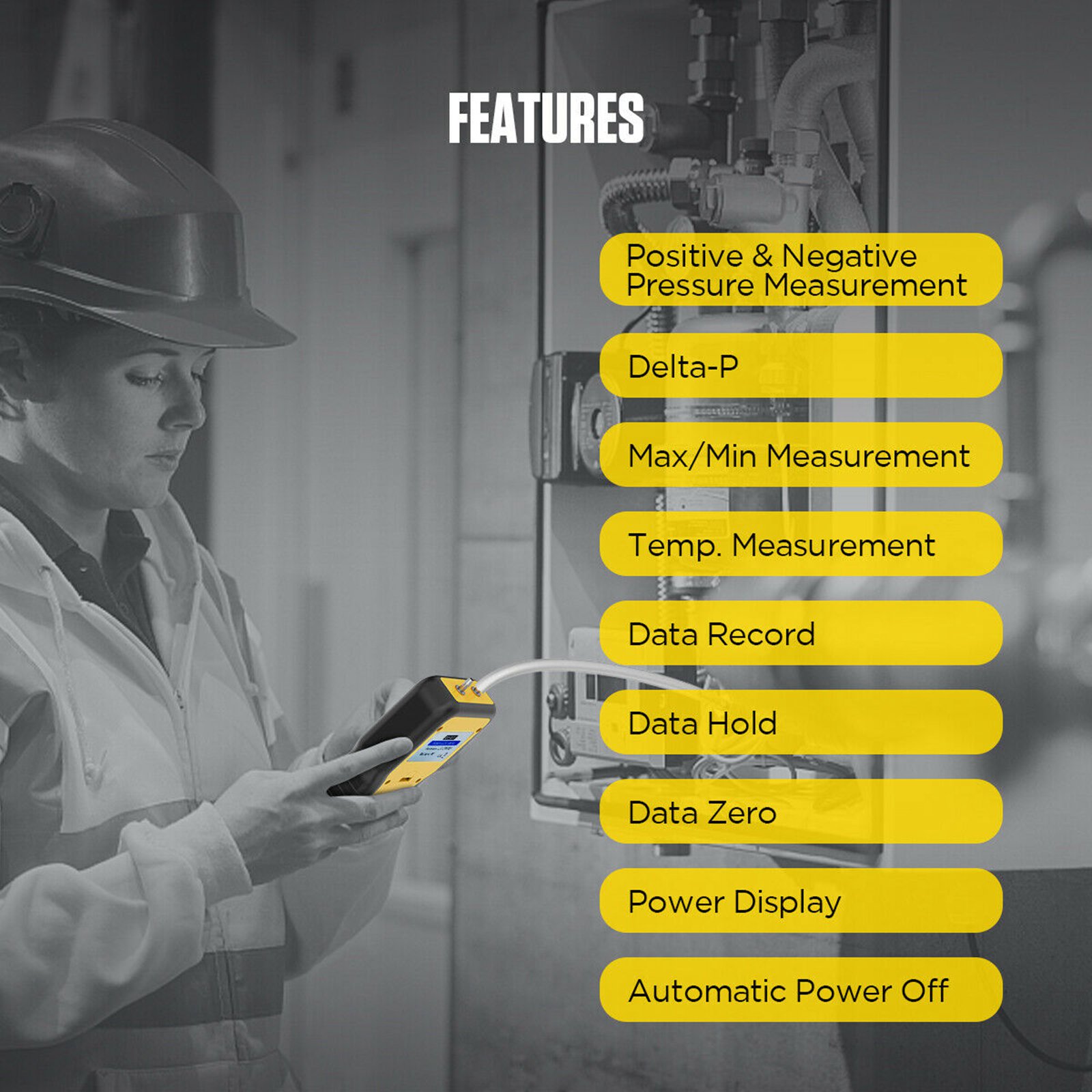 9V Digital LCD Manometer Differential Dual Port Air Pressure Meter HVAC Gas Tester