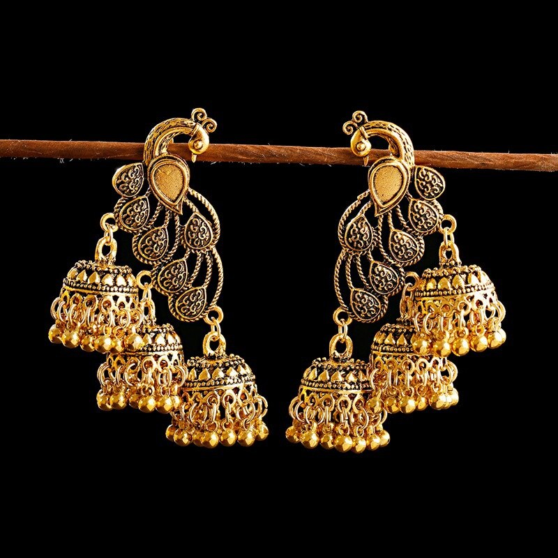 Retro Bollywood Geoxideerd Gypsy Sieraden Vrouwen Etnische Gold Afghaanse Birdcage Lange Keten Kwastje Pauw Gesneden Jhumka Indiase Oorbellen