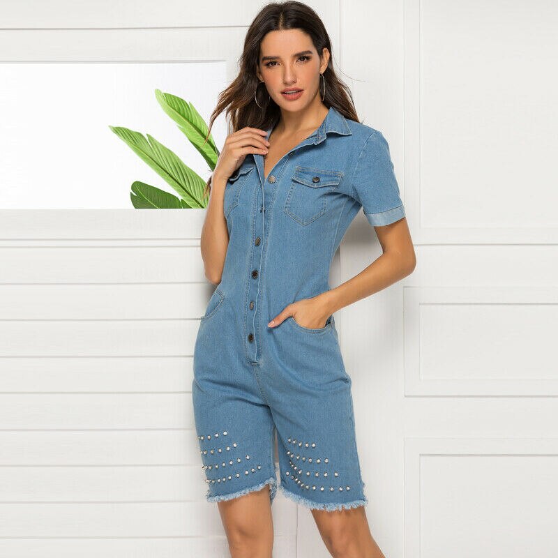 Mono vaquero de manga corta para mujer, peto informal, pantalones cortos vaqueros de verano, mono con botones rasgados, trajes