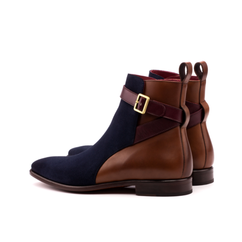 Botas de ante con costura azul-marrón para hombre, Botines Chelsea hechos a mano con hebilla, punta estrecha y tacón bajo, clásica que combina con todo, ZZ147