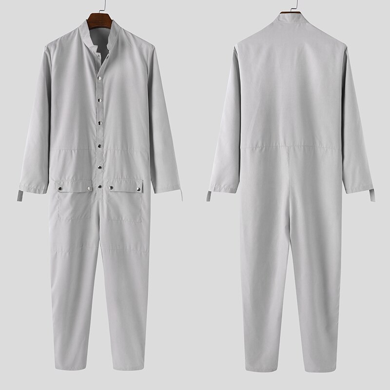 Incerun herre jumpsuits stander krave langærmede cargo smækbukser casual knap streetwear romper herre seler plus str. 7: M / Grå