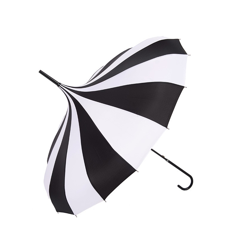 Mænds sort og hvid stribet pagode paraply 16 knogler lige langt håndtag paraply kvinder solrig og regn paraply