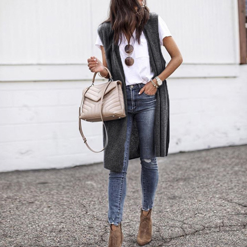 Gilet Long sans manches pour femmes, , Bar, automne, Kimono Cardigan, manteau, poche avant ouverte, décontracté, léger, Chamarras: Dark Grey / L