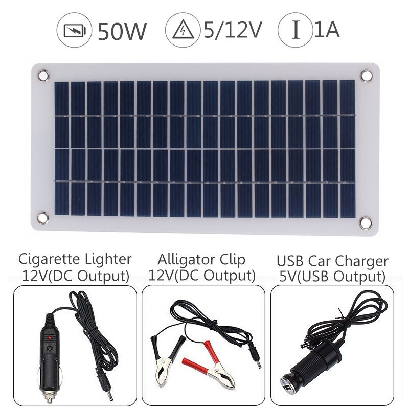 50W 12V/5V Solar Panel Semi-flexible Polysilicon Solar Cell DIY Cable Waterproof Outdoor Connector Battery Charger
