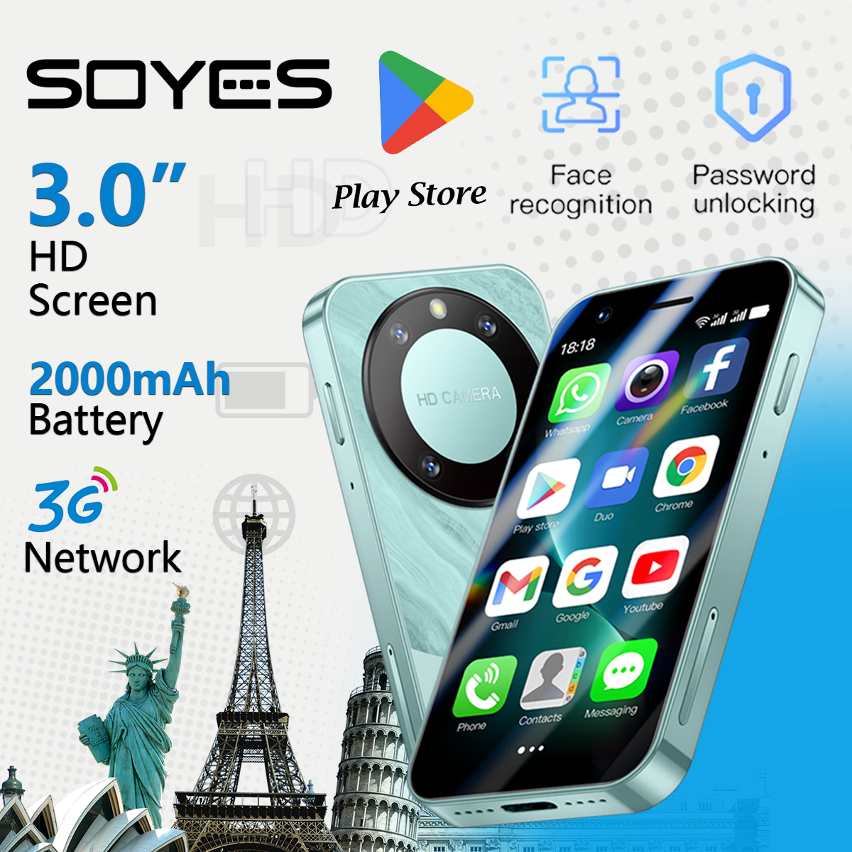 Smartphone SOYES F8 Pro Max Mini Android 8.1 - 3,0 polegadas | 2 GB + 16 GB | SIM Dupla 3G | Google Play | Mini smartphone compacto