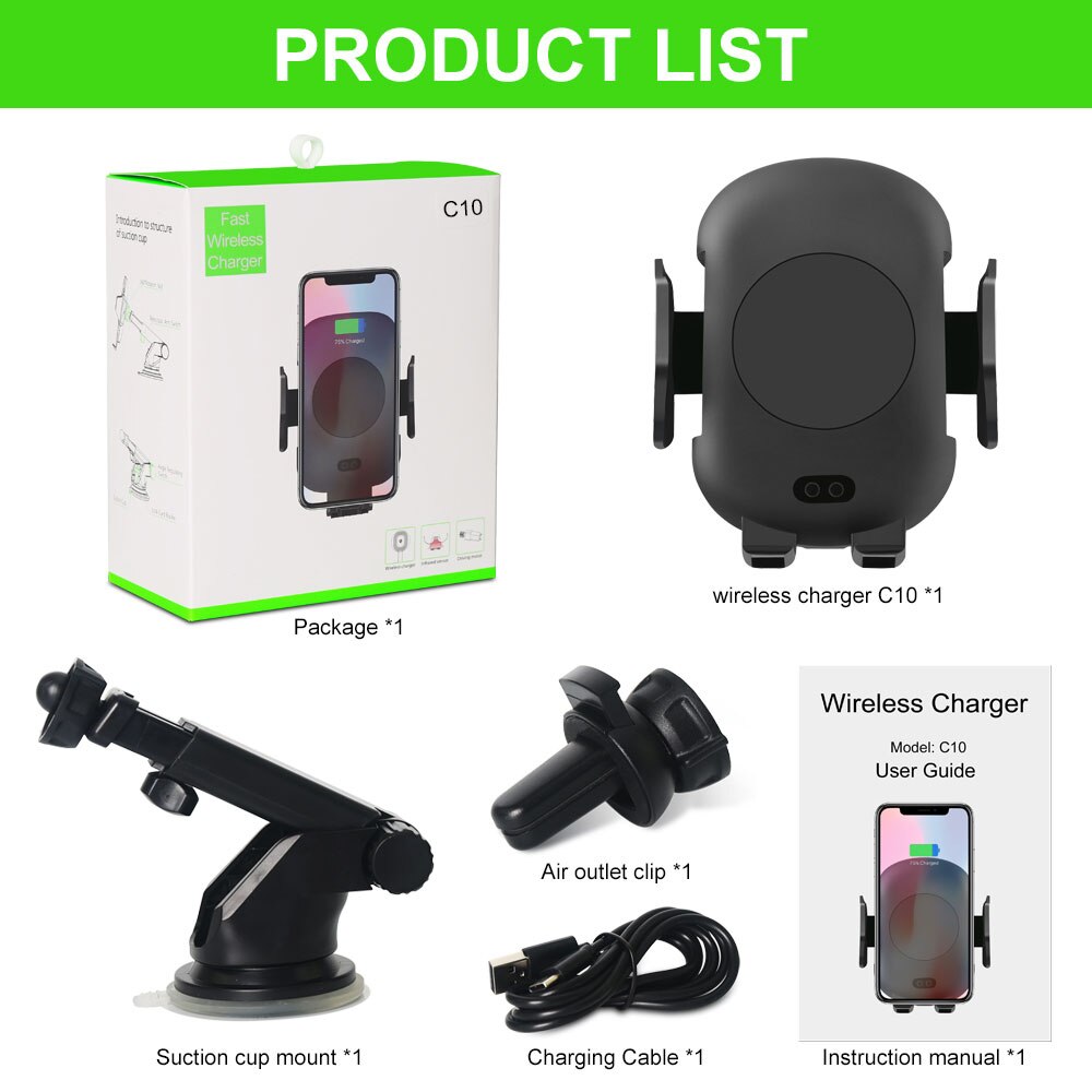 Snelle Auto Draadloze Oplader Automatische Auto Air Vent Oplader voor iPhone X XS 8 7 Samsung S9 S8 Plus met sensor Infrarood inductie: C10 Full Set