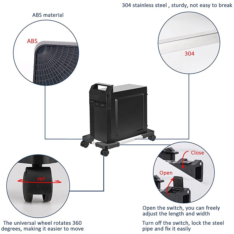 Soporte para torres de ordenador, fundas para PC, soporte ajustable para móvil, CPU, con 4 ruedas de bloqueo para juegos