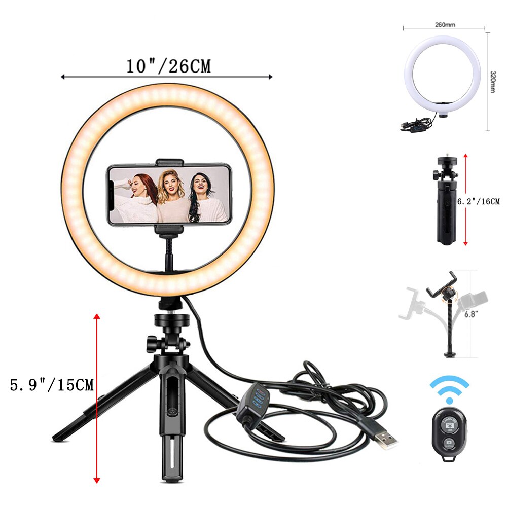 Led Selfie Ring Licht Cirkel Vullen Licht Dimbare Lamp Trepied Make Fotografie Ringlicht Telefoon Standhouder Statief: Type3-10in light