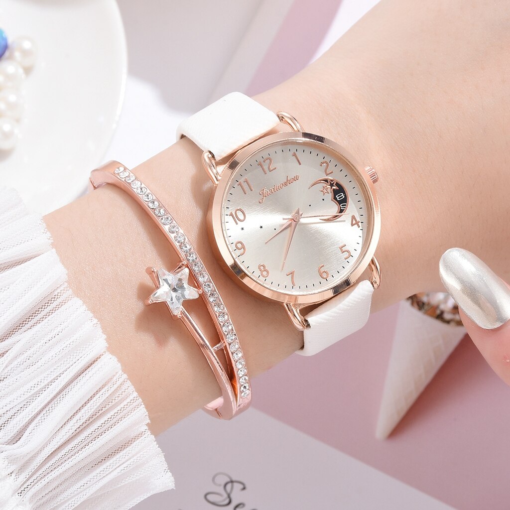Women Watch Moon Numbers Dial Bracelet Watches Set Ladies Leather Strap Quartz Wristwatch Women Female Clock Relogio Mujer