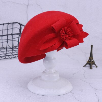 Autumn And Winter 100% Wool Berets Women Winter Felt Hats Lady French Beret Flower Wool Beret Caps: Red