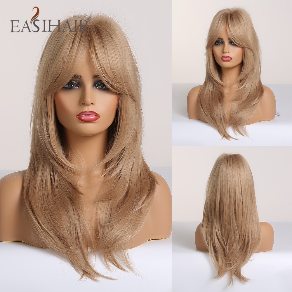 Easihair långa blonda raka peruker lager frisyr syntetiska peruker för kvinnor naturligt hår peruk värmetålig cosplay peruk: Lc259-2