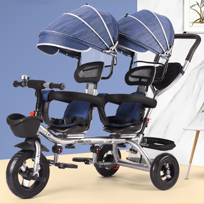 LazyChild Zwilling Drehbare Dreirad Doppel Sitz Crriage Kind drücken Trike Doppel Baby Kinderwagen Universal- Reisen Baby Kinderwagen Kinderwagen: Blau