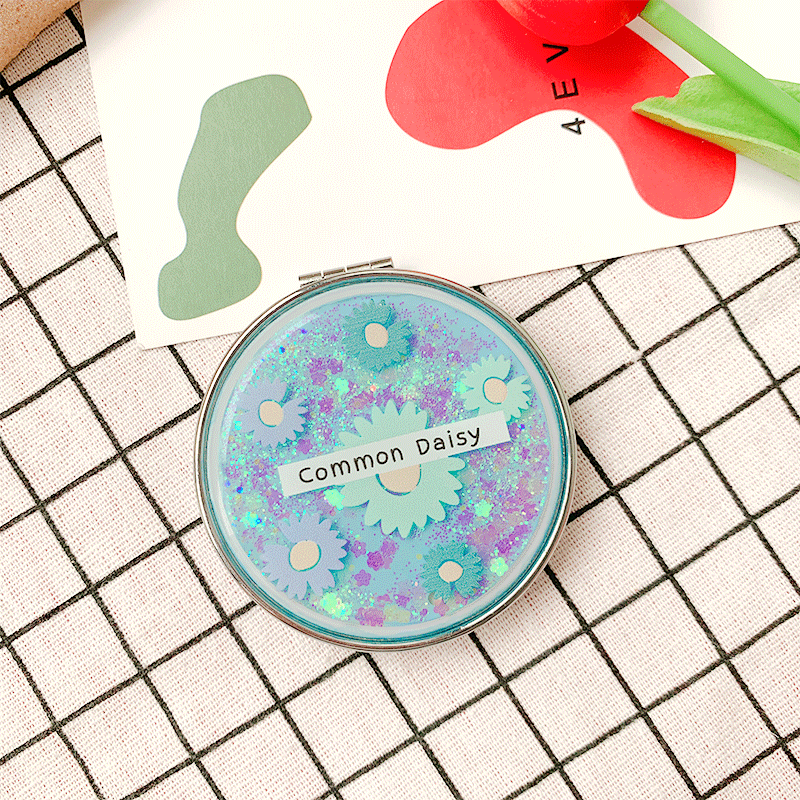 Portable Double-Sided Folding Cosmetic Mirror Girl Flowing Sparkling Sand Mini Avocado Makeup Mirror Compact Pocket Mirrors: D