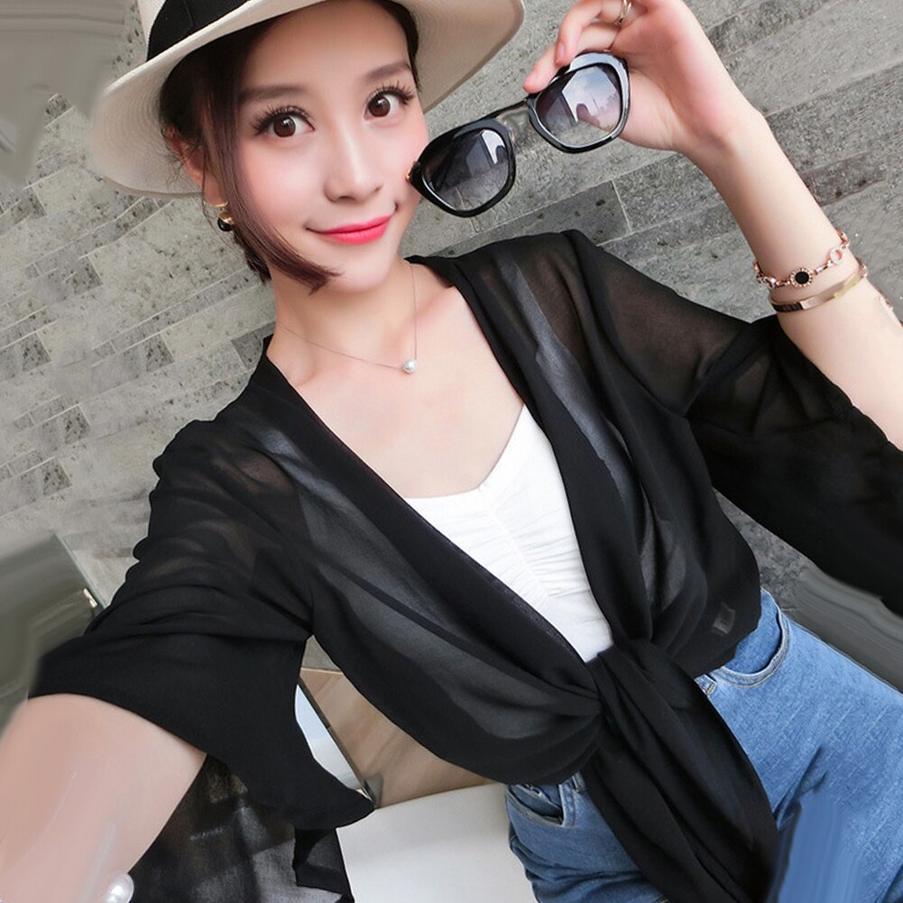 Mujer frente abierto 3/4 manga Anti-UV overup blusa Tops cuello pico de manga larga chaqueta con capucha abrigos mujeres delgada suelta Tops prendas de vestir