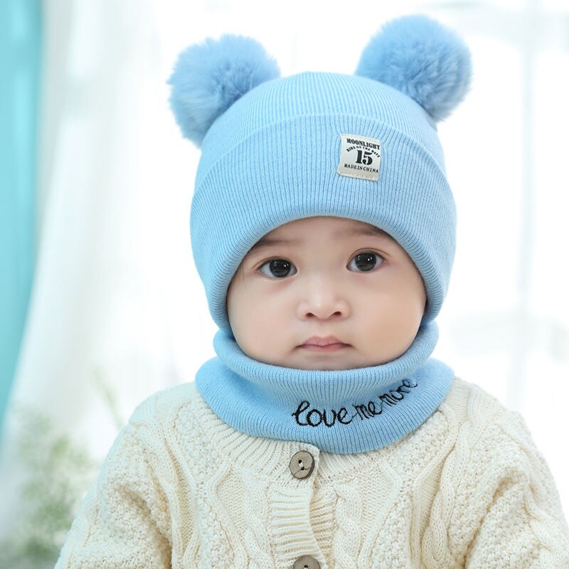 Baby hat forår og efterår 0-3-6-12 måneder drenge og piger hat vinter varm uld børn hat hals omslag børns fortykkede hatte: Himmelblå