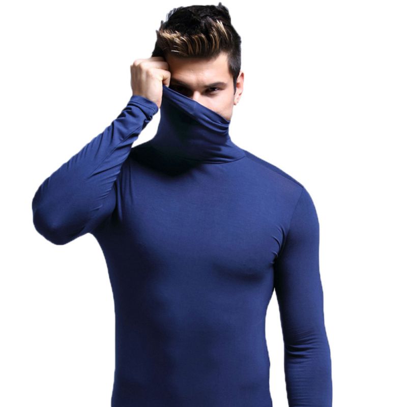 Modal Fabric Thermal Autumn Winter Bottoming T-shirtMenUnderwear Tops Long Sleeve Neck Wrap Elastic Seamless Warm Clothes: Blue / XL