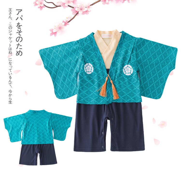 Ropa de manga larga para bebé, traje de una pieza con abrigo azul Lago, traje de dos piezas, mono de estilo japonés, Kimono estampado