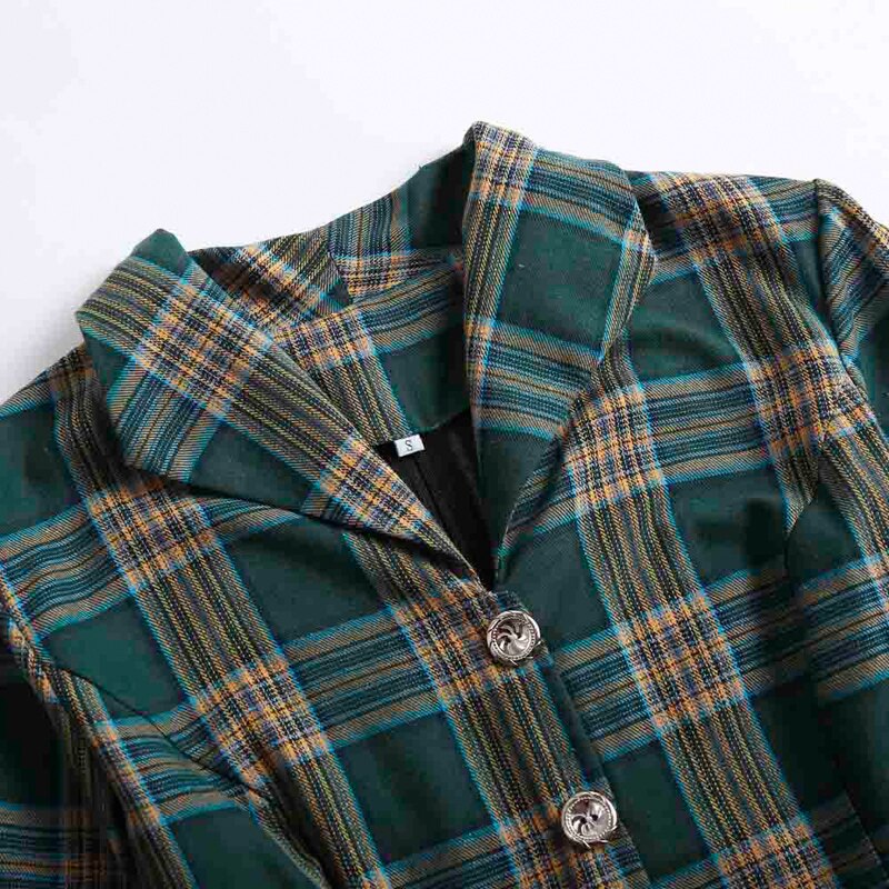 Tonval Turn-Down Kraag Button Up Groene Plaid Herfst Kleding Vrouwen Jurken Vintage Gewaad Elegante Swing Jurk Retro