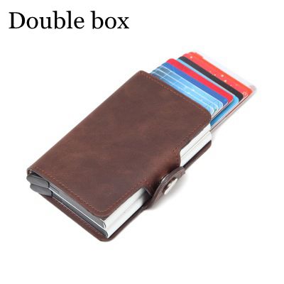 Women Rfid Wallet Metal Case Aluminum Double Box Leather Credit Card Holders for Men Slim Anti Protect Travel ID Cardholder: Double brown