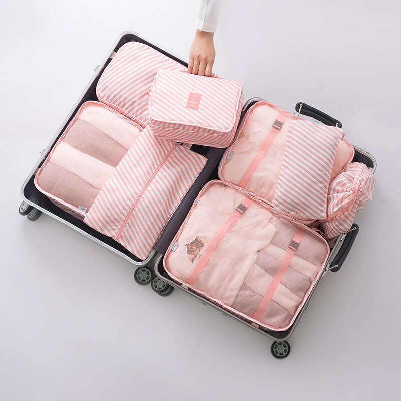 8Pcs/set Large Capacity Luggage Travel Bag Clothes Underwear Cosmetic Storage Bag Baggage Packing Suit Organizer Wash Bags: stripe