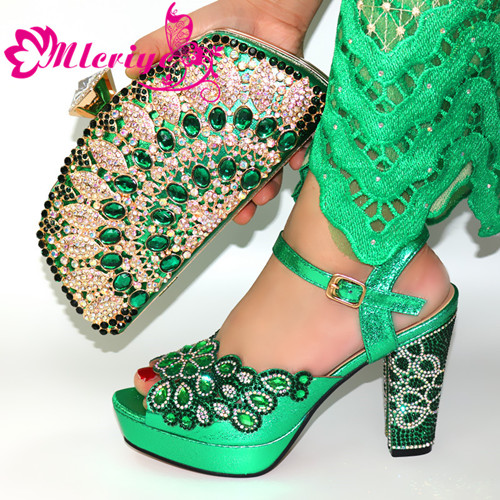 Italian Shoes With Matching Bags Set African Women's Party Shoes and Bag Sets green Color Women High Sandals And Handbag: Green / 42